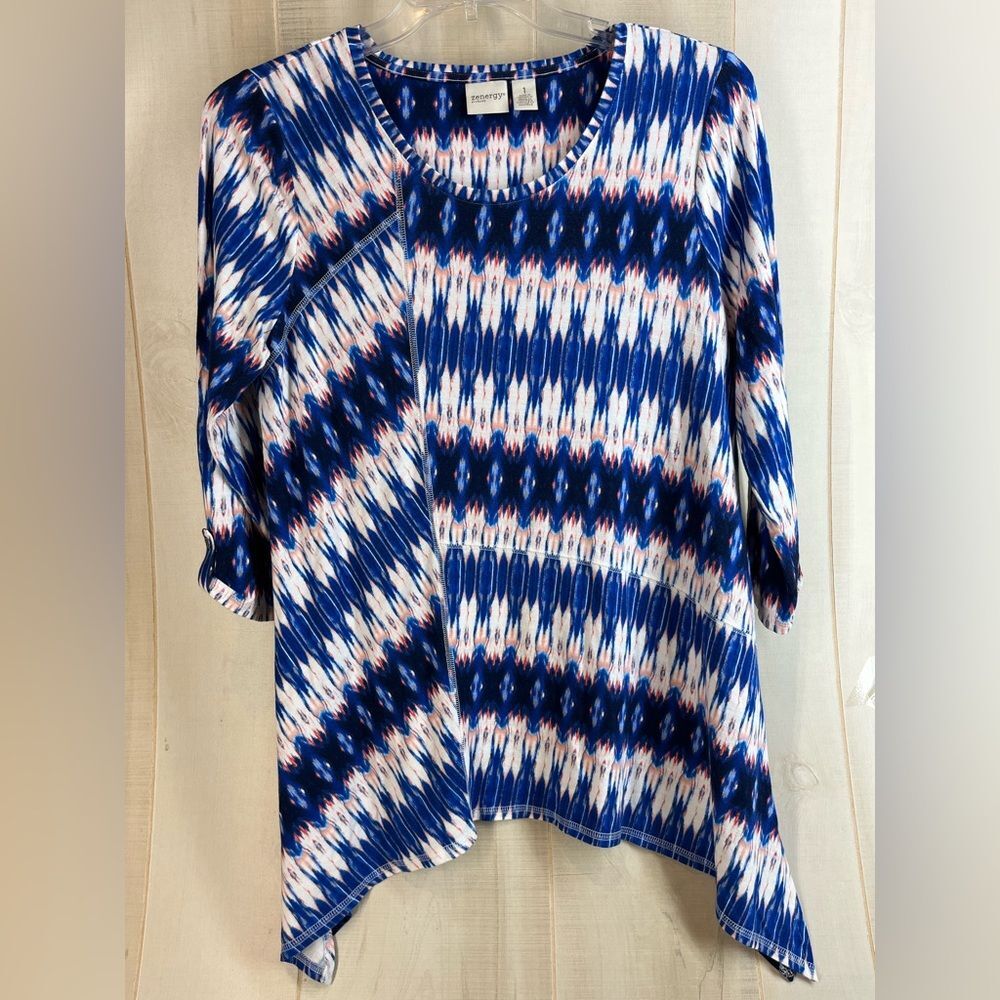 Chico’s Zenergy Blouse Knit Womens M Batik Tunic Top Stretch